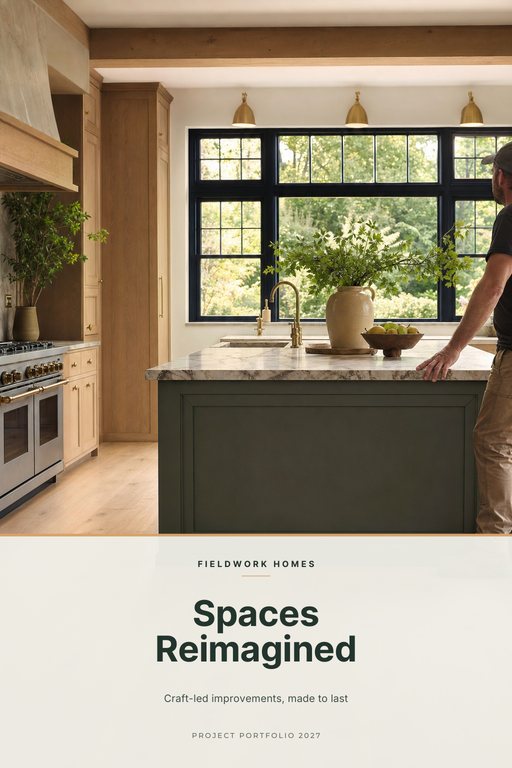 Contractor catalog cover with a renovated farmhouse kitchen and green island above a light band titled Spaces Reimagined.