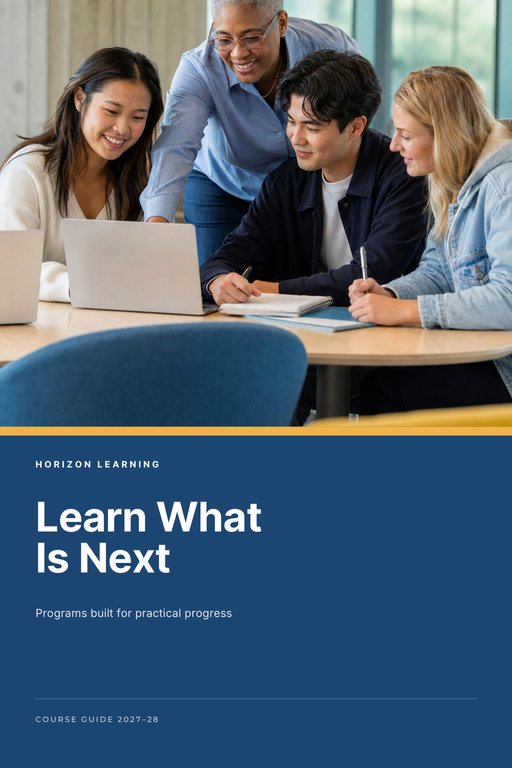 Course catalog cover with adult students working together at a table above a blue panel titled Learn What Is Next.