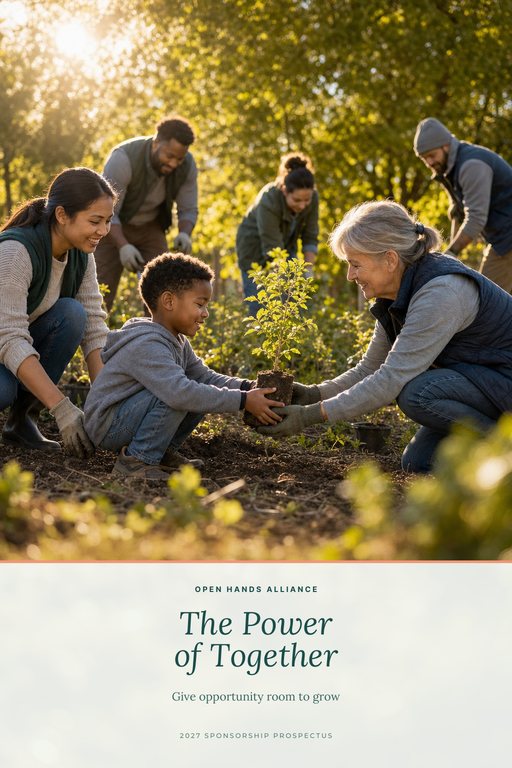 Nonprofit sponsorship catalog cover with volunteers planting trees in a community garden above a light band titled The Power of Together.