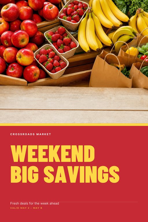 Sales circular cover with fresh produce, a red panel and the headline Weekend Big Savings in large yellow type.