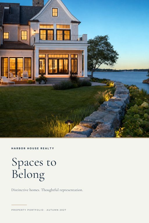 Property portfolio cover with a coastal shingle home at twilight above a light panel titled Spaces to Belong.