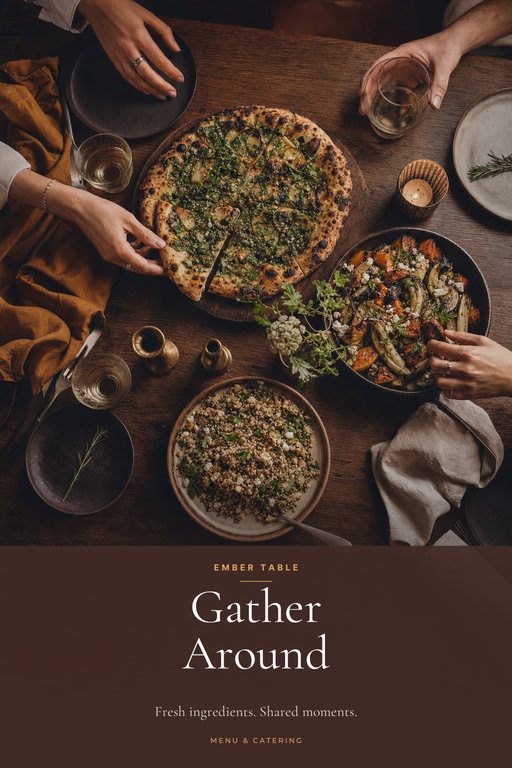 Restaurant catalog cover with an overhead view of a shared table of flatbread and salads above a dark band titled Gather Around.