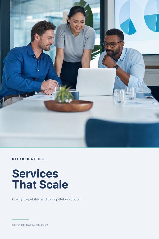 Services catalog cover with consultants reviewing charts in a bright meeting room above a light panel titled Services That Scale.