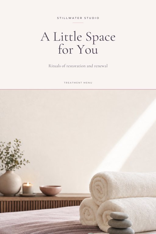 Spa treatment menu cover with a calm treatment room and rolled towels below a blush panel titled A Little Space for You.