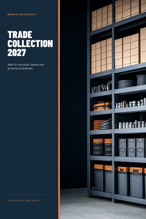 Wholesale catalog cover with warehouse shelving on the right and a navy column titled Trade Collection 2027.