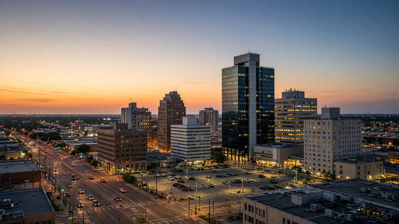 Midland skyline at dusk, with downtown Midland