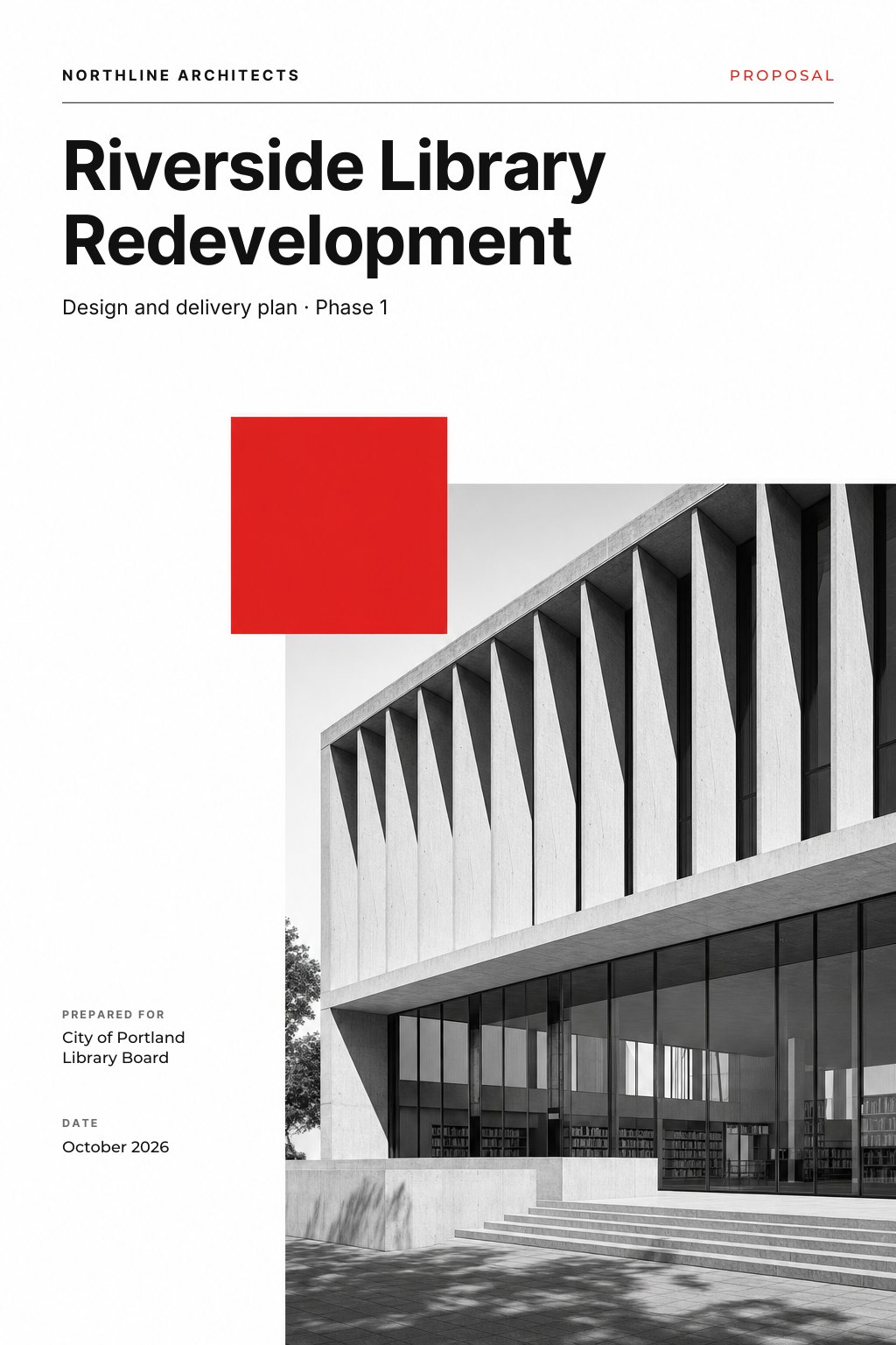 Minimal Swiss grid proposal cover with strict columns, lots of white space and one bold red accent block.