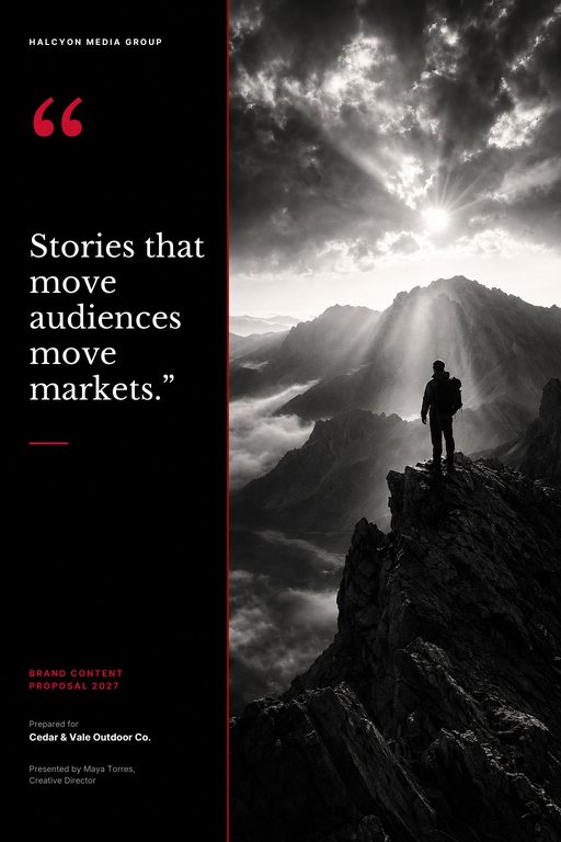 Bold editorial proposal cover with a dramatic black-and-white photograph and a large pull quote in heavy type.