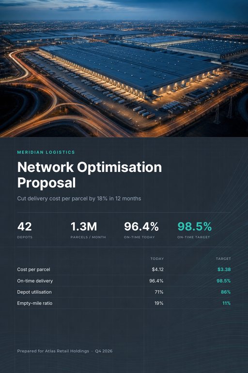 Data-driven proposal cover with metric strips, bar charts and a comparison table beneath a bold headline.