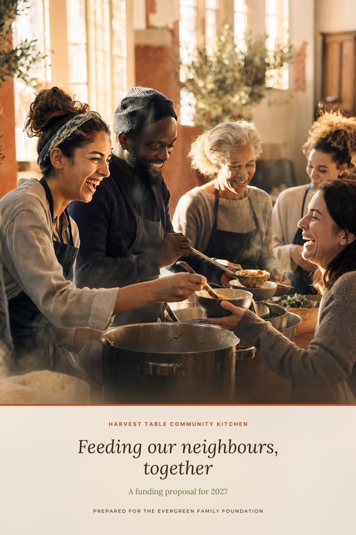 Warm narrative proposal cover with a full-bleed photograph of people working together and a short, friendly headline.