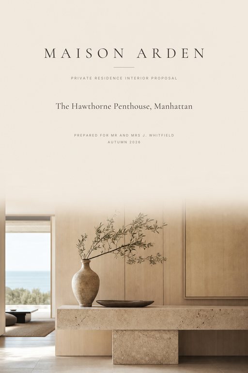 Minimalist luxury proposal cover in muted beige with thin serif type and wide negative space around a single image.