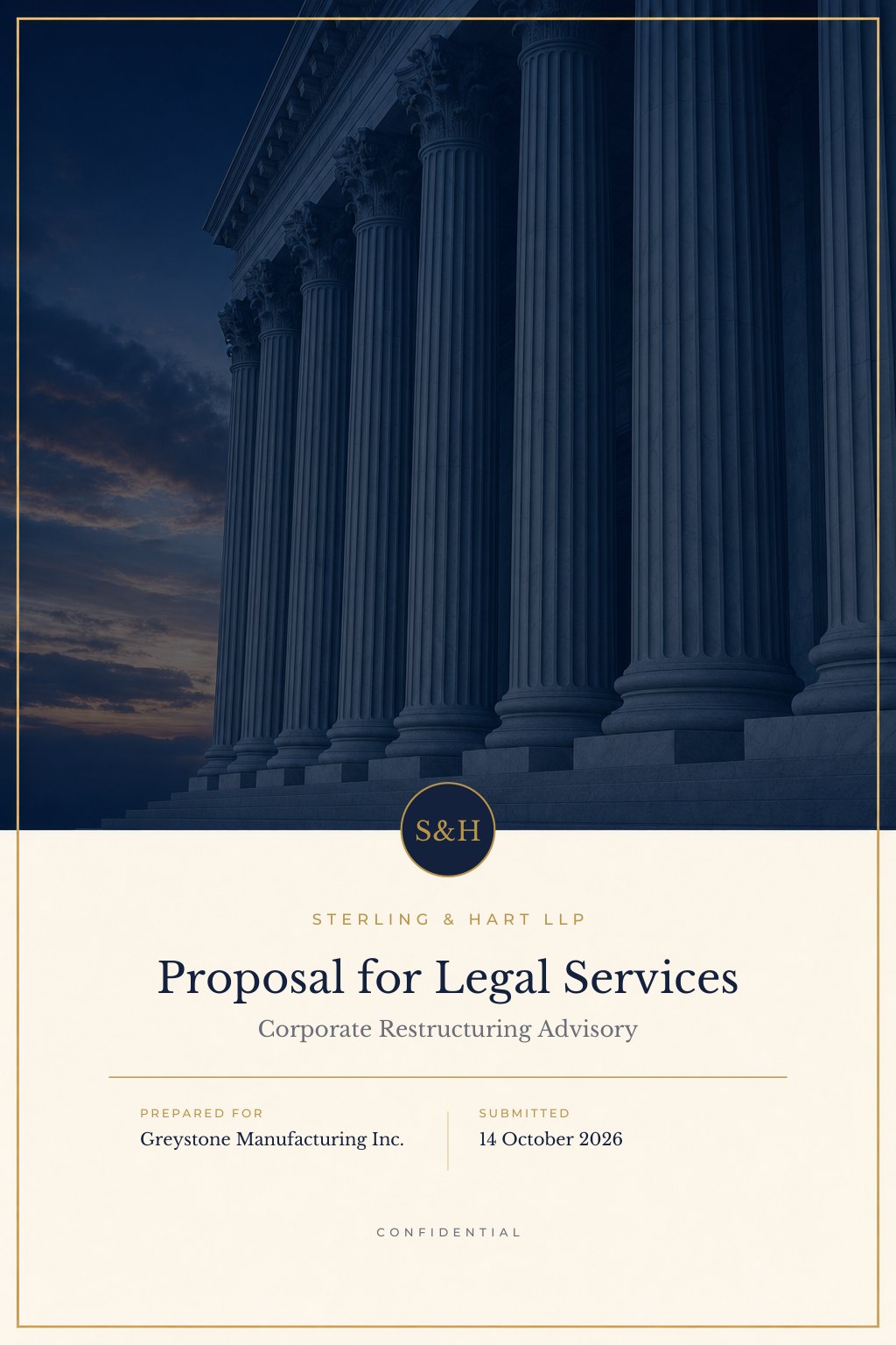 Traditional corporate proposal cover in navy and gold with structured columns and a formal serif header.