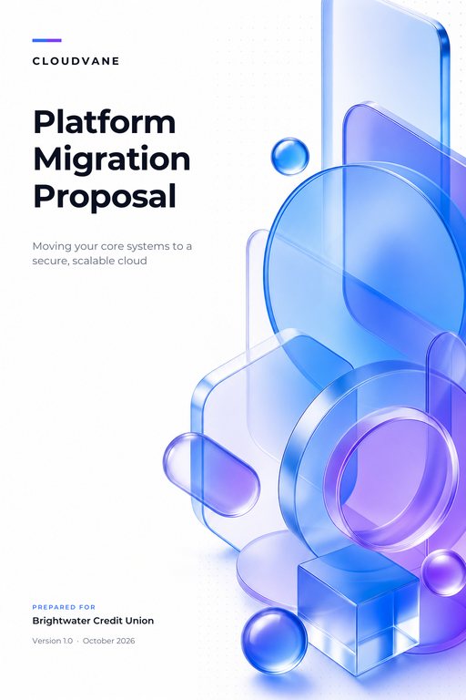 Modern tech proposal cover with geometric shapes, a blue-violet gradient and clean sans-serif headline type.
