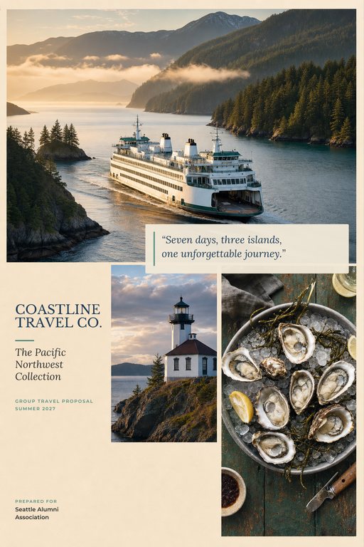 Magazine-style proposal cover with an asymmetric photo grid of food and people and a large pull quote.