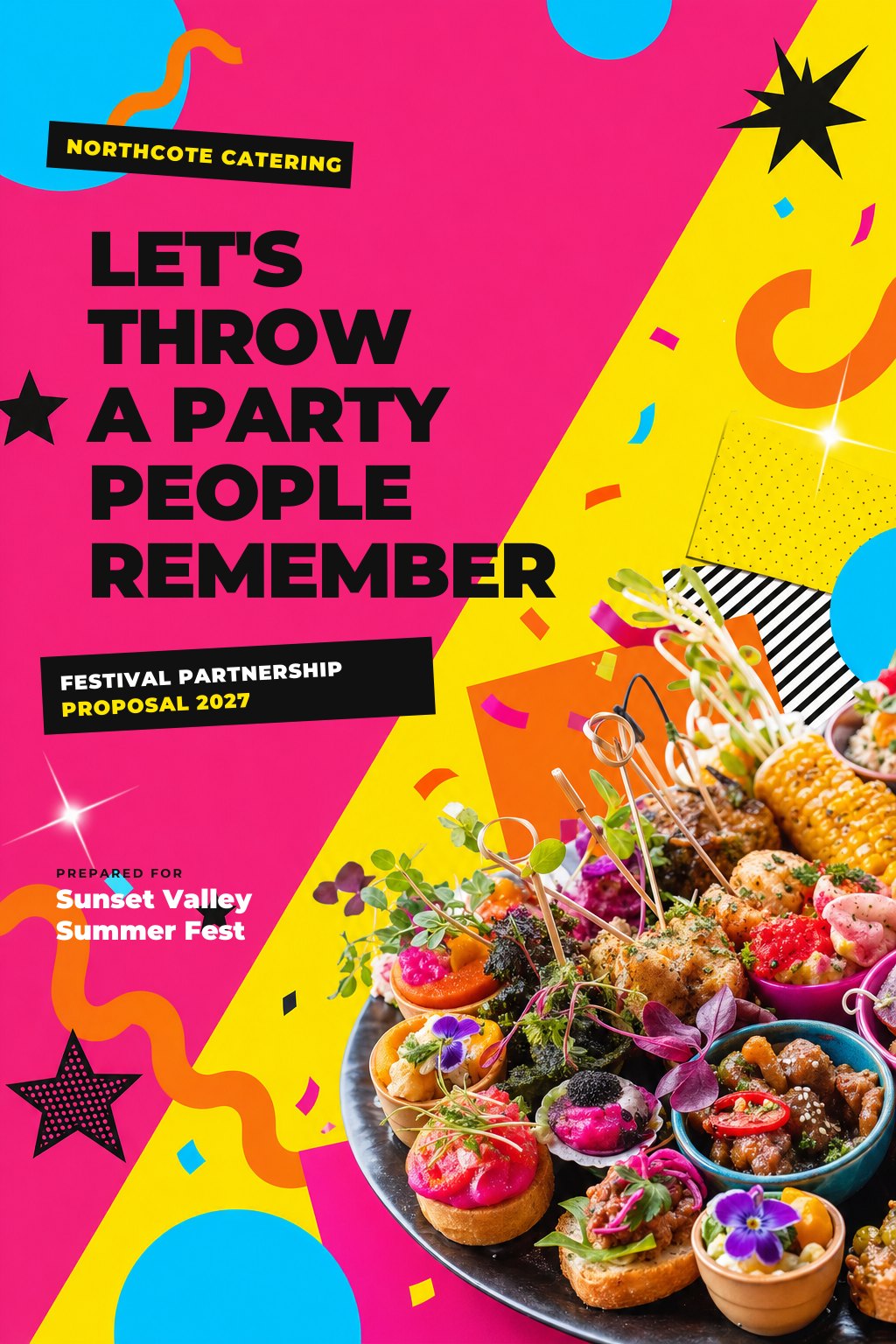 Bold and vibrant proposal cover with bright accent colors, large playful shapes and oversized headline type.