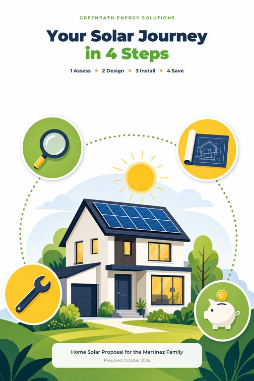 Infographic proposal cover with bright icons, numbered steps and an illustrated diagram beside a bold title.