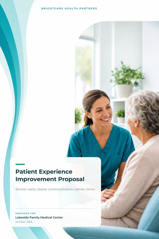 Healthcare proposal cover in white and teal with a clinical photograph, calm icons and a clean sans-serif title.