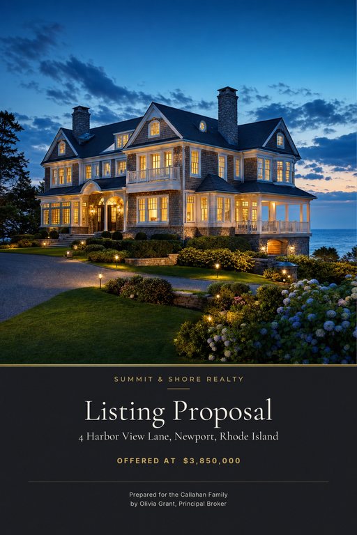 Real estate proposal cover with a large luxury home photograph, gold accent lines and an elegant serif headline.