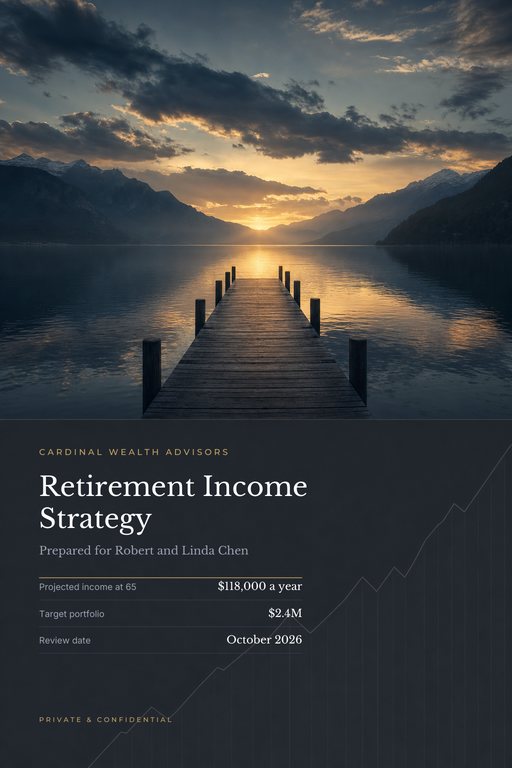 Financial advisory proposal cover in navy and charcoal with a confident serif headline and a clean figures table.