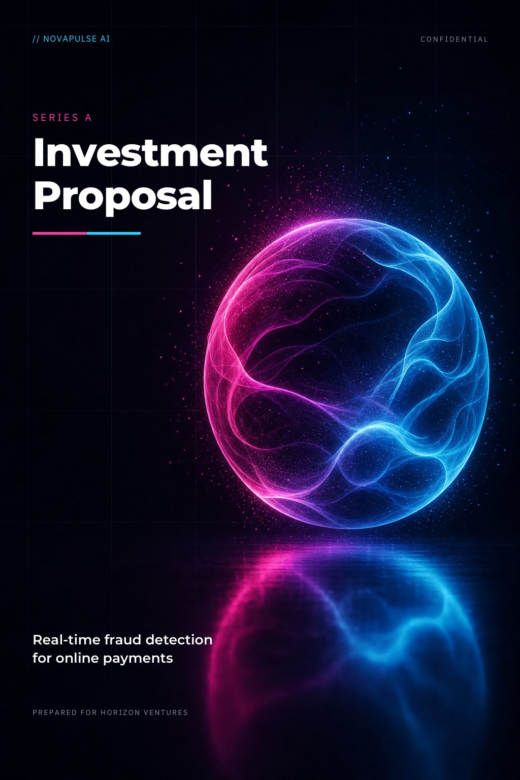 Technology startup proposal cover in dark mode with neon gradient accents and bold sans-serif headline type.