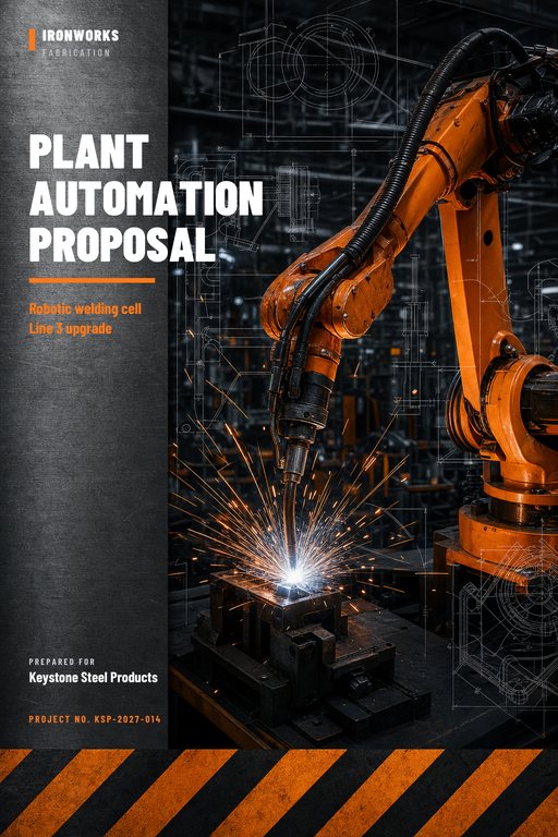Industrial proposal cover in steel grey and safety orange with technical line diagrams and utilitarian headline type.