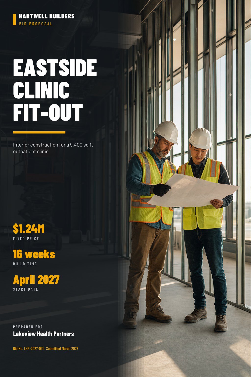 Construction & General Contractors proposal cover: a commercial interior fit-out in progress: steel stud framing, with the title Eastside Clinic Fit-Out.