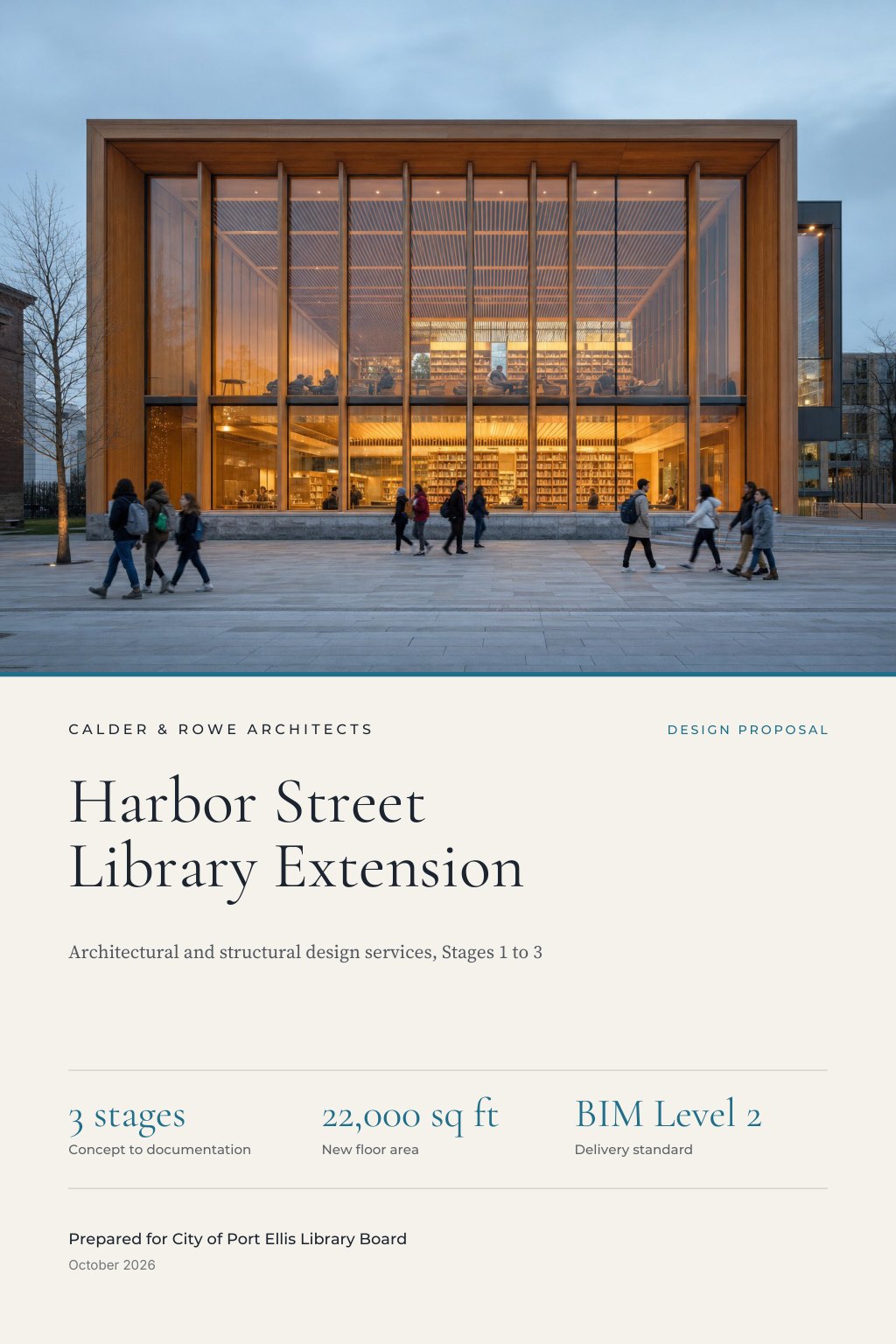 Architecture & Engineering Firms proposal cover: a modern public library extension with a timber-and-glass facade at dusk, with the title Harbor Street Library Extension.