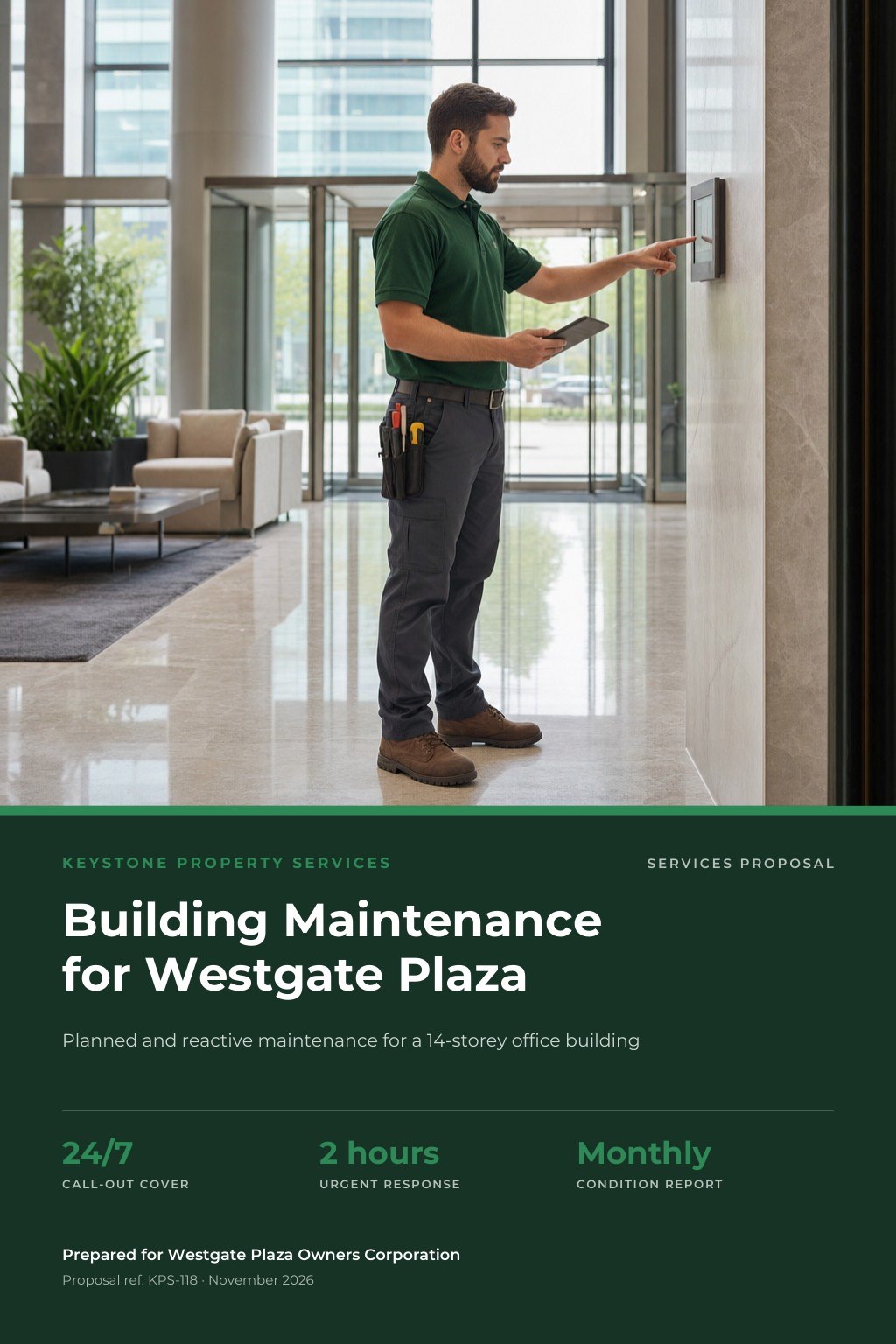 Property Management Companies proposal cover: a modern mid-rise office building lobby with a maintenance technician in a green polo checking a control panel, with the title Building Maintenance For Westgate Plaza.