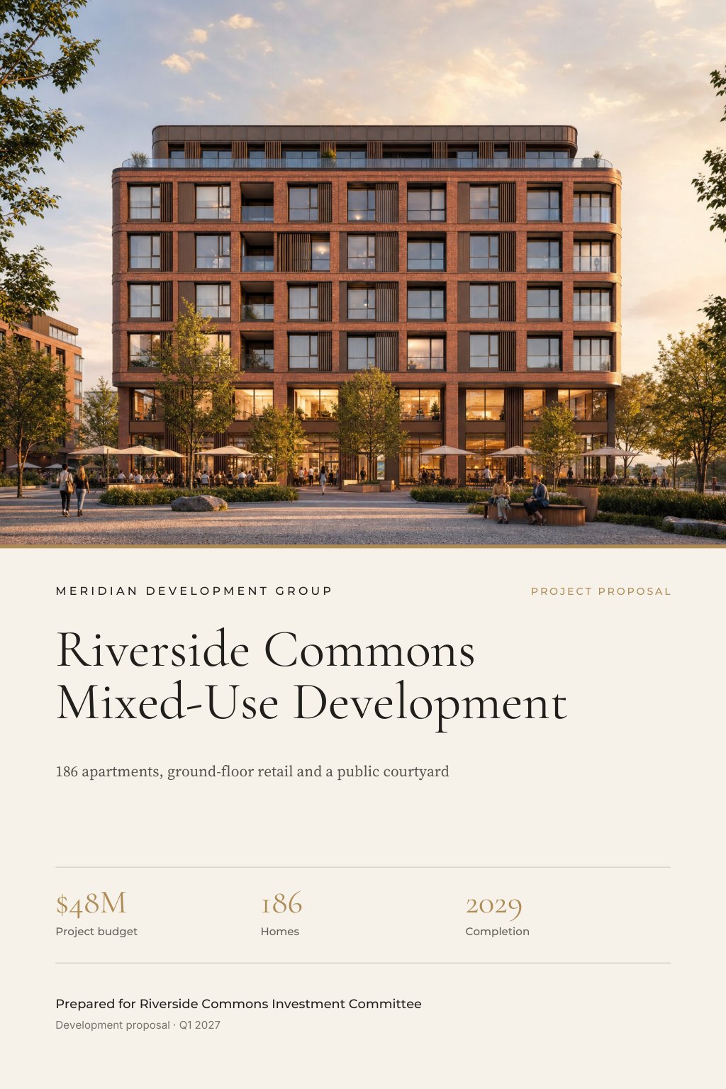 Real Estate Developers proposal cover: an architectural visualization of a six-storey mixed-use building with brick and bronze facade, with the title Riverside Commons Mixed-Use Development.