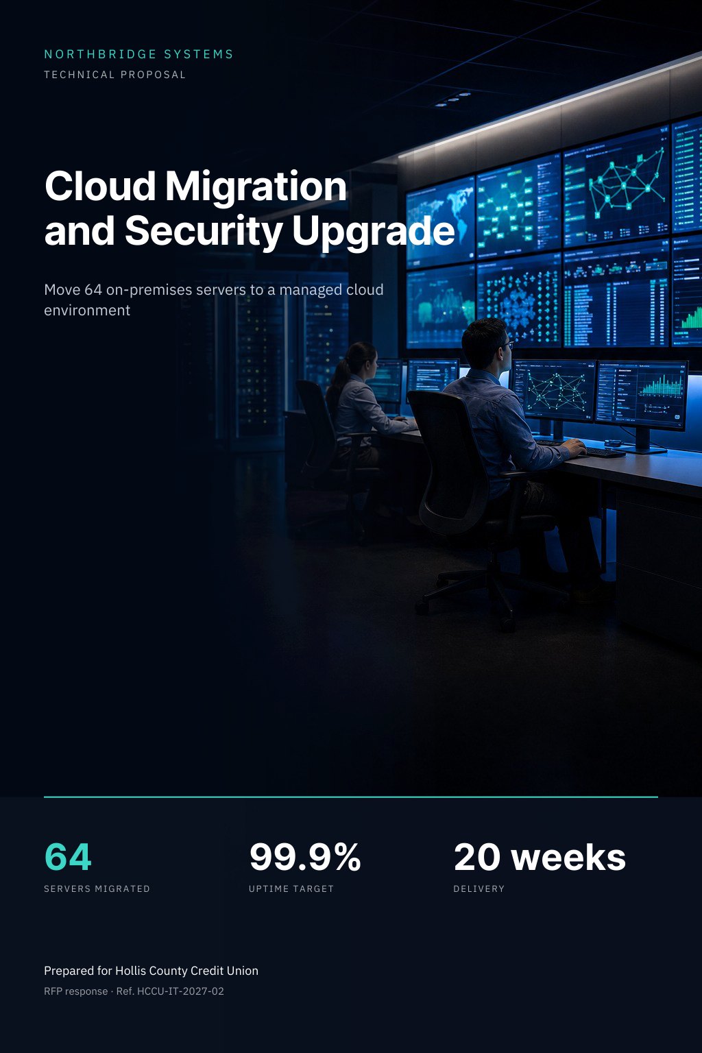 IT Services & Software Companies proposal cover: a modern network operations room at night with large wall screens showing server status dashboards, with the title Cloud Migration And Security Upgrade.