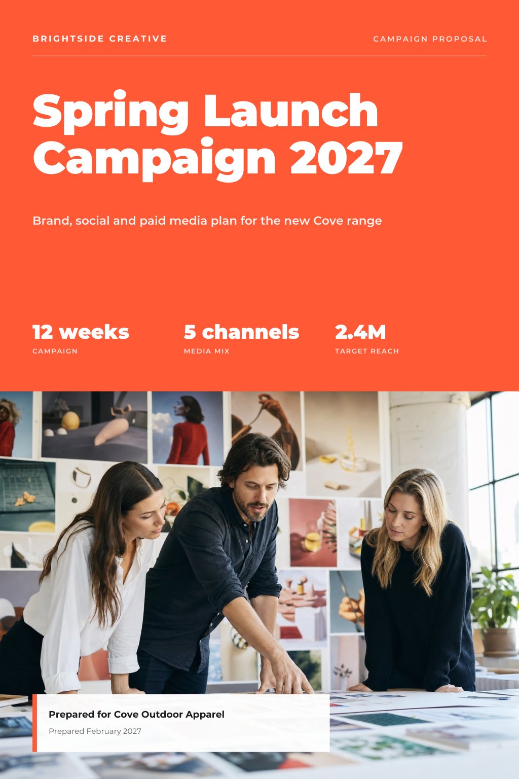 Marketing & Advertising Agencies proposal cover: a bright creative studio with a mood board of colourful product photography pinned to a wall, with the title Spring Launch Campaign 2027.