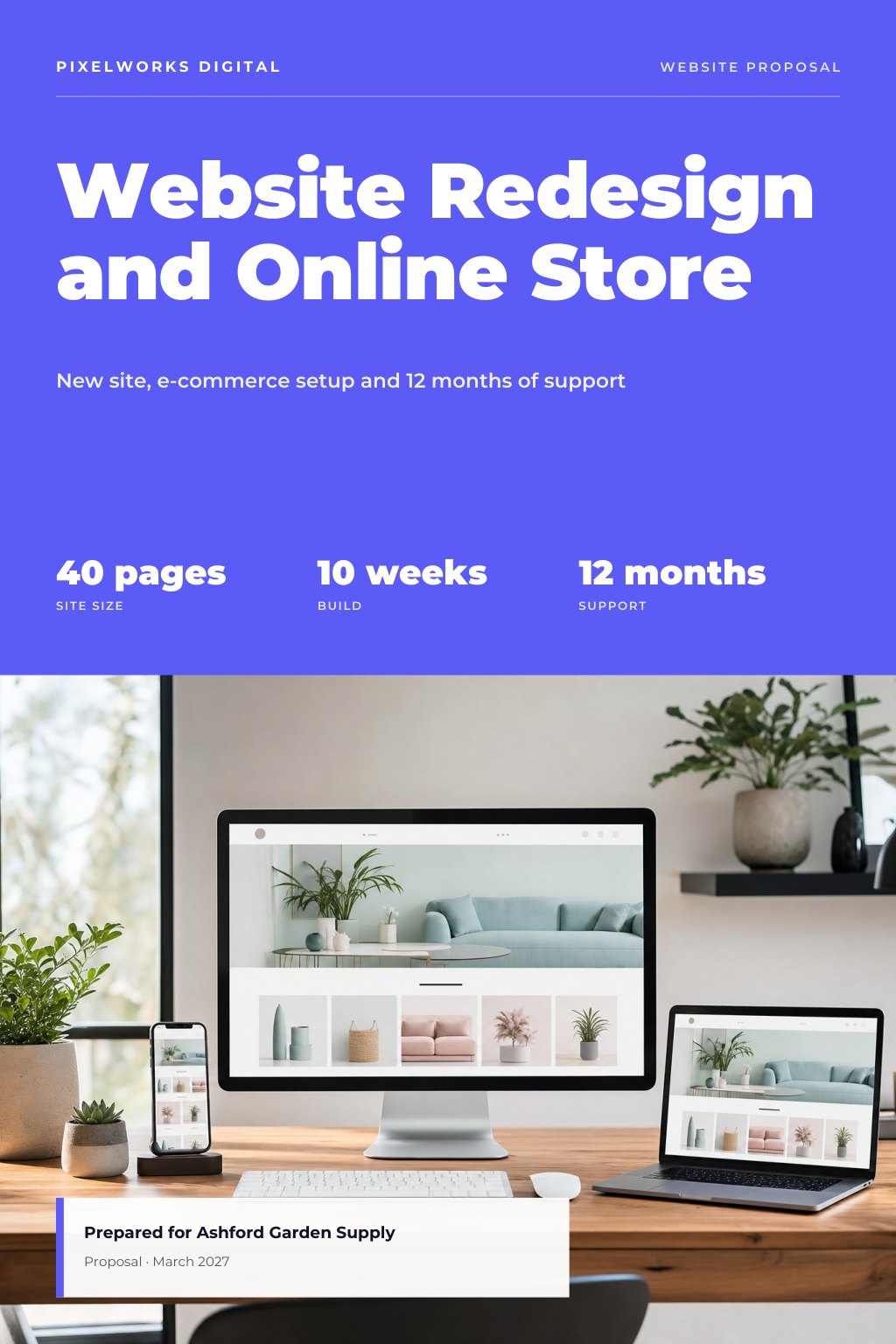 Website Design & Development proposal cover: a designer's desk with a large monitor and a laptop showing a modern e-commerce website layout, with the title Website Redesign And Online Store.