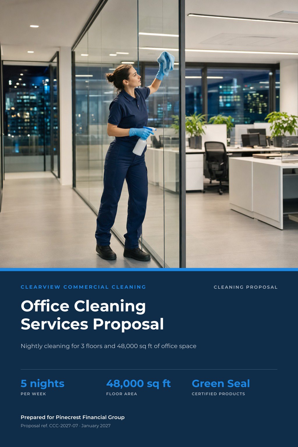 Commercial Cleaning Businesses proposal cover: a professional cleaner in a navy uniform cleaning a glass partition in a bright modern open-plan office at evening, with the title Office Cleaning Services Proposal.