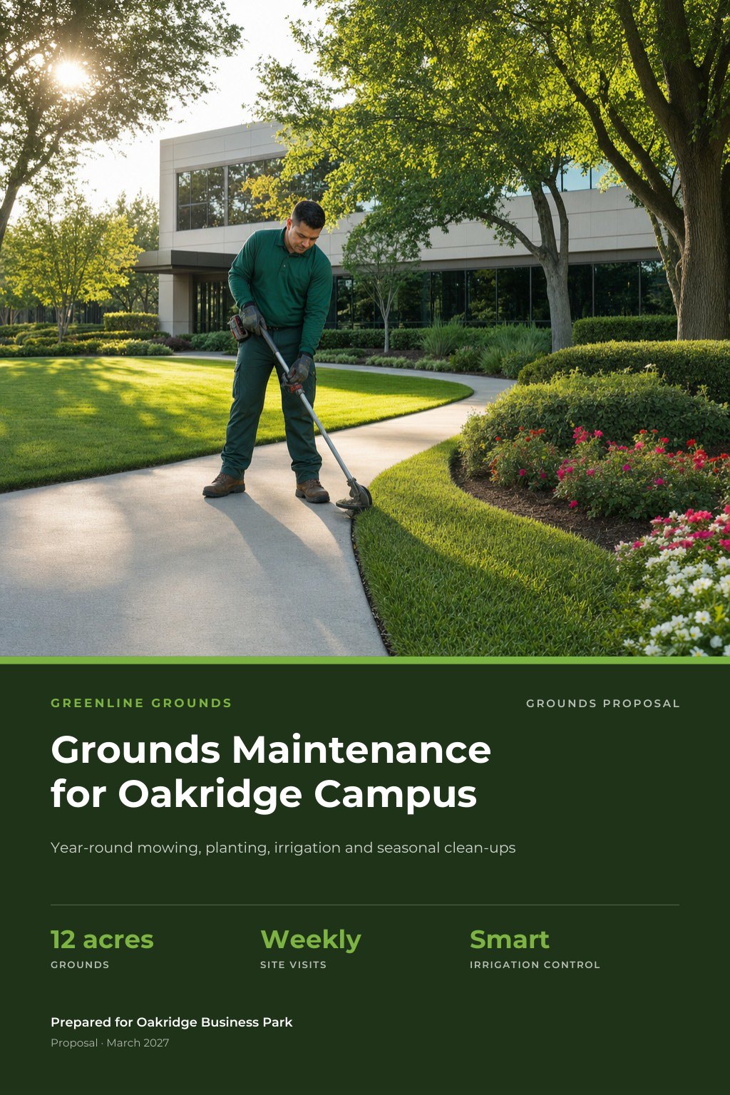 Landscaping & Grounds Maintenance proposal cover: a well-kept corporate campus lawn with neat garden beds, with the title Grounds Maintenance For Oakridge Campus.