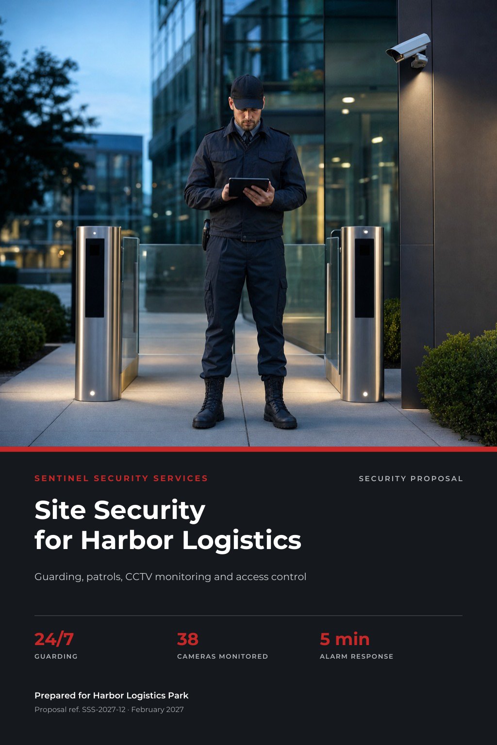 Security Services Companies proposal cover: a security officer in a dark uniform at a modern building entrance at dusk checking a tablet, with the title Site Security For Harbor Logistics.