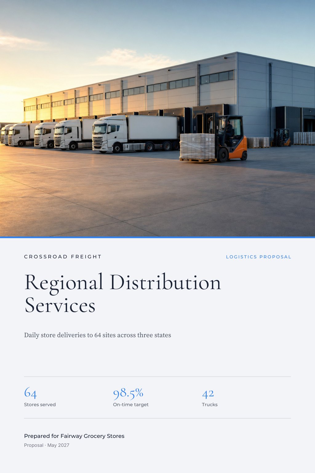 Transport & Logistics Companies proposal cover: a modern distribution center at dawn with a row of white trucks at loading docks, with the title Regional Distribution Services.