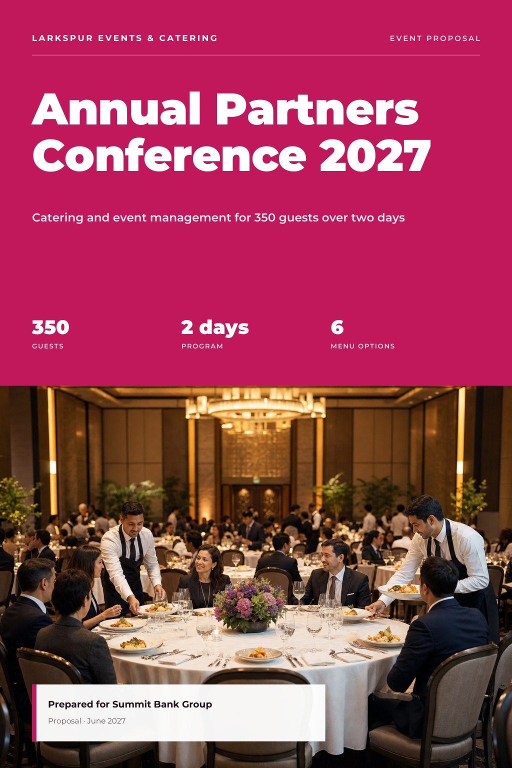 Catering & Event Management proposal cover: an elegant conference dinner setting with round tables, with the title Annual Partners Conference 2027.