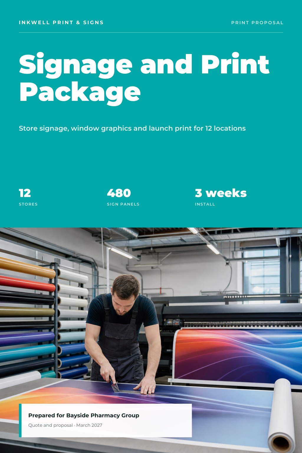 Printing, Signage & Graphic Design proposal cover: a large-format print shop with a wide printer producing a colourful banner, with the title Signage And Print Package.
