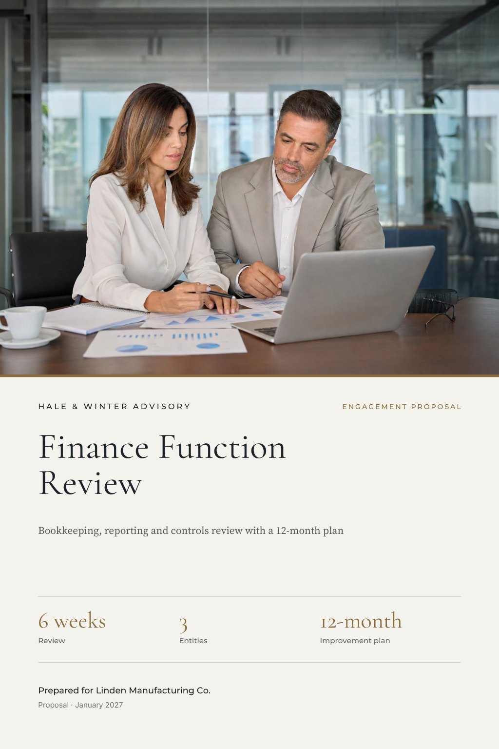 Business Consulting & Accounting proposal cover: a calm meeting room with two advisers reviewing financial reports and a laptop with charts, with the title Finance Function Review.
