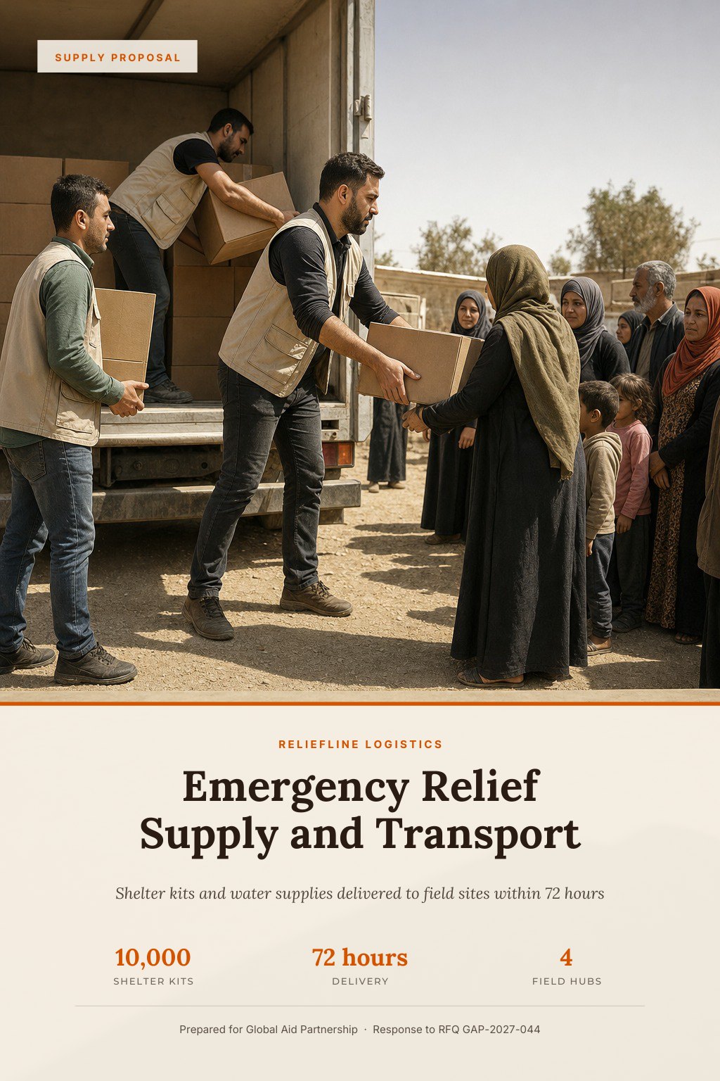 International Humanitarian NGOs proposal cover: aid workers in vests unloading boxes of relief supplies from a truck at a field distribution point, with the title Emergency Relief Supply And Transport.
