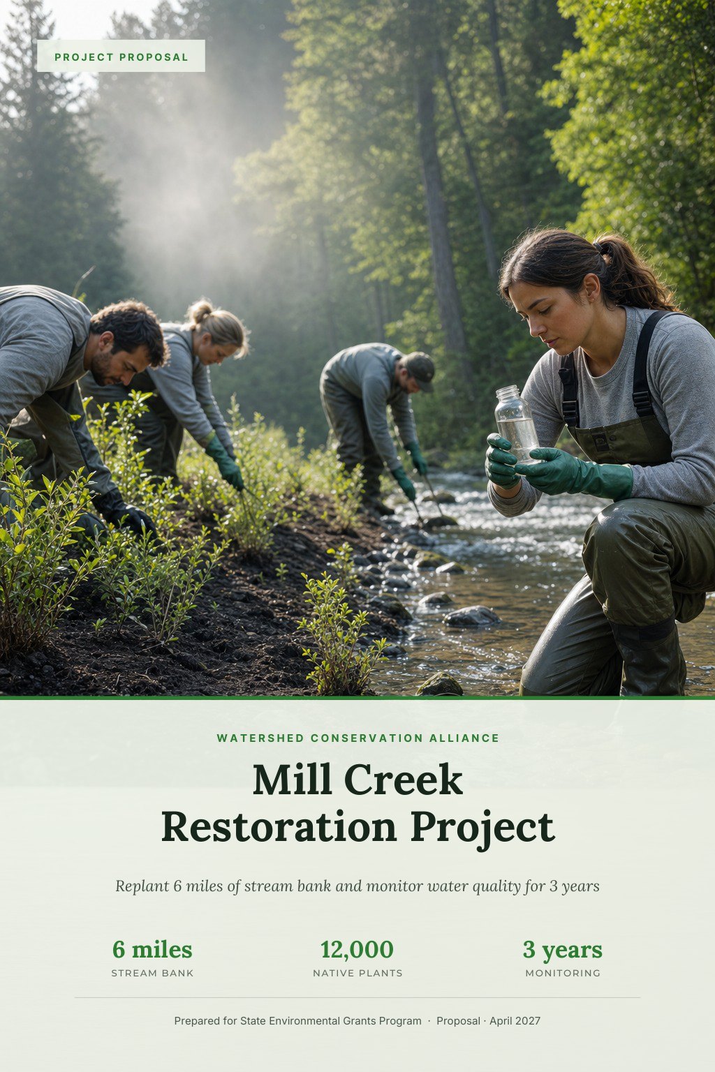 Environmental & Conservation NGOs proposal cover: volunteers in waders planting native shrubs along a clear forest stream bank, with the title Mill Creek Restoration Project.