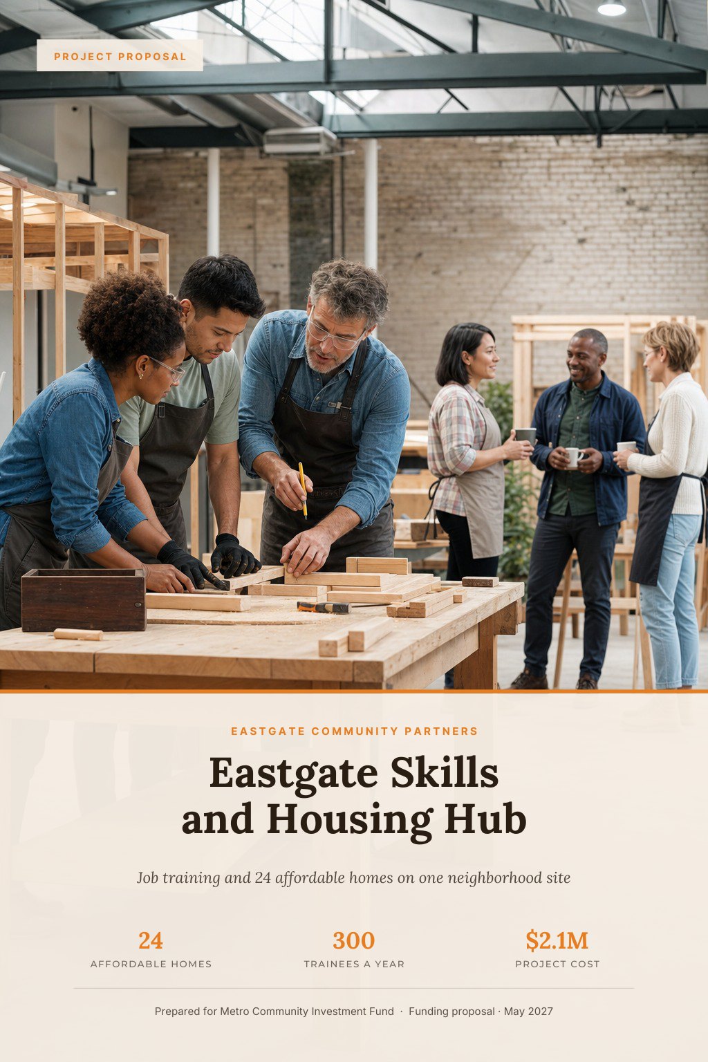 Community Development Organizations proposal cover: a community training workshop in a renovated warehouse, with the title Eastgate Skills And Housing Hub.