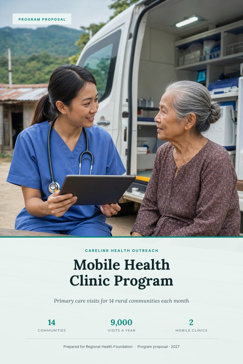 Healthcare & Medical NGOs proposal cover: a nurse talking with an elderly patient beside a mobile health clinic van in a small rural town, with the title Mobile Health Clinic Program.