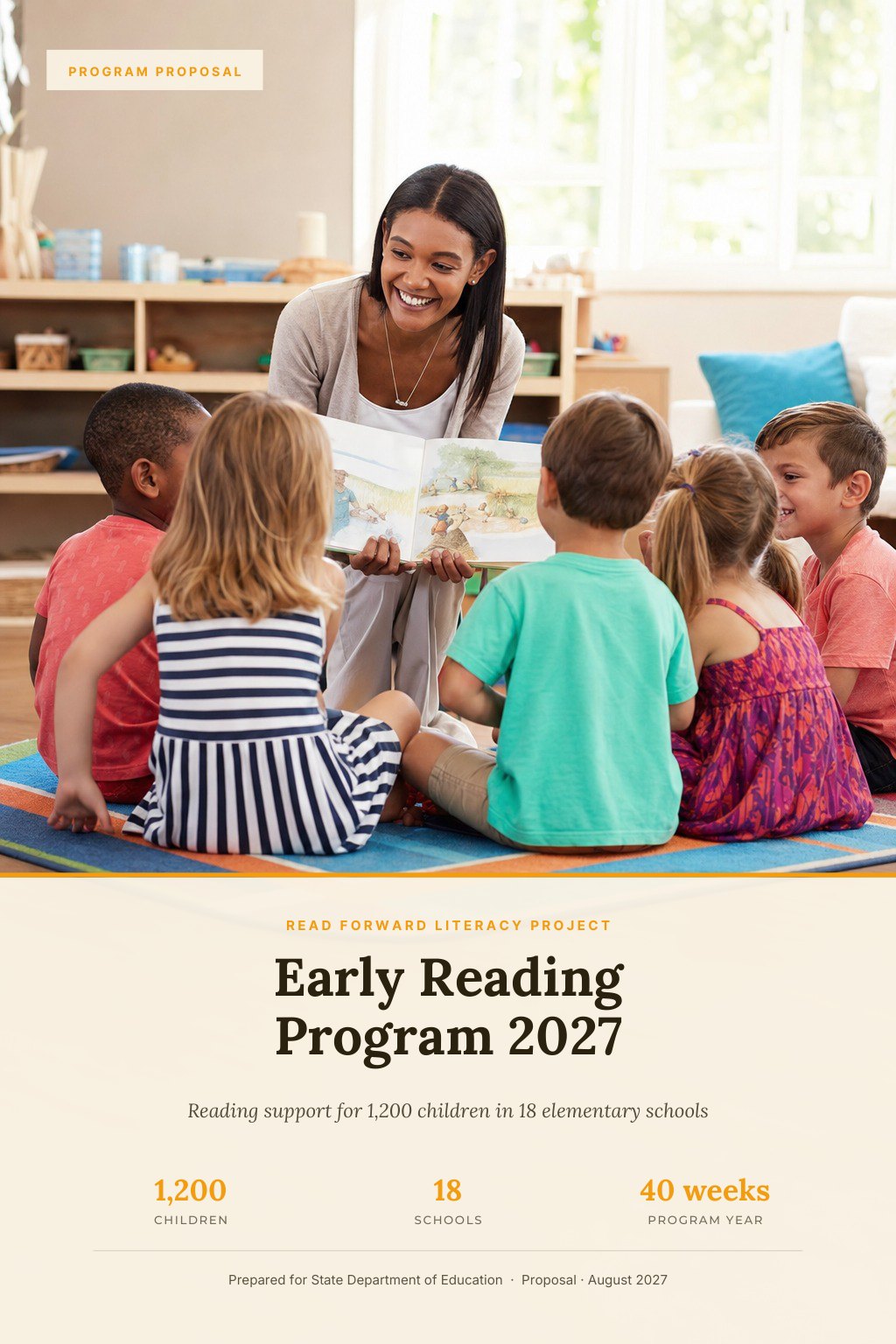 Education & Literacy NGOs proposal cover: a teacher reading a picture book to a small group of young children sitting on a colourful classroom rug, with the title Early Reading Program 2027.