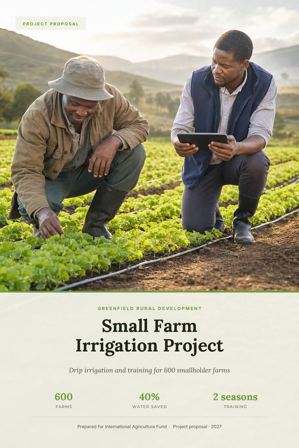 Agricultural & Rural Development NGOs proposal cover: a farmer kneeling beside drip irrigation lines in green vegetable rows, with the title Small Farm Irrigation Project.