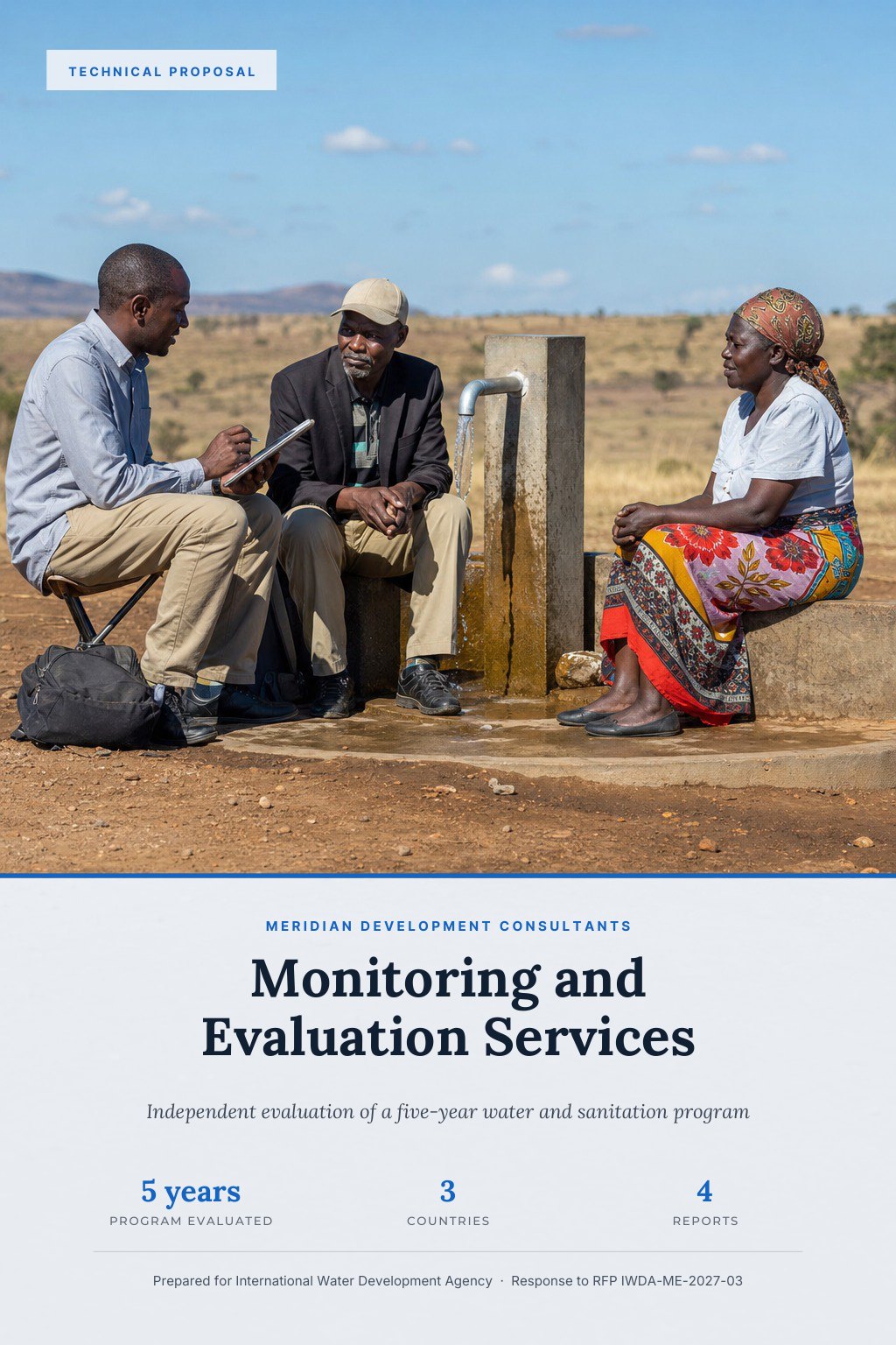 International Development Organizations proposal cover: a field evaluation team interviewing villagers beside a new water point, with the title Monitoring And Evaluation Services.