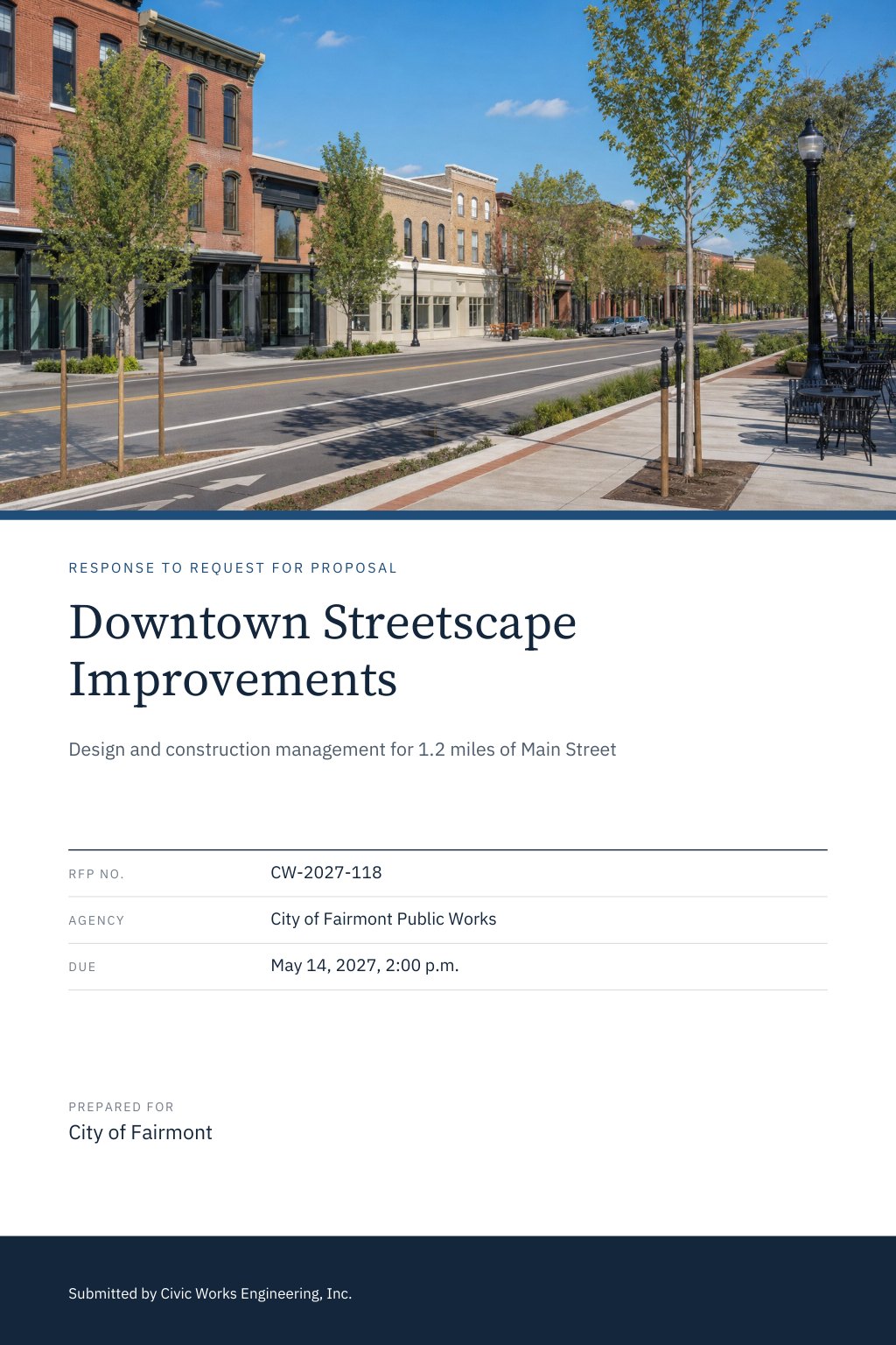 Municipal & City Governments proposal cover: a wide view of a small-city main street with new wide sidewalks, with the title Downtown Streetscape Improvements.