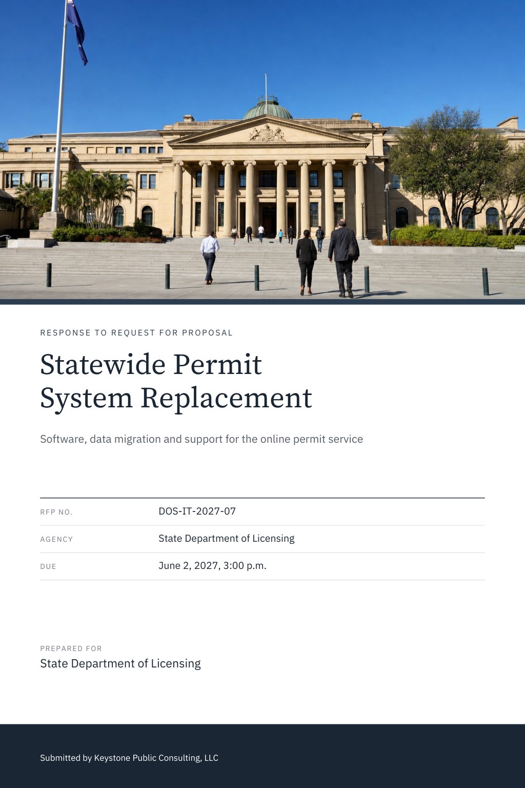 State & Provincial Government Departments proposal cover: a state government office building with columns and wide stone steps, with the title Statewide Permit System Replacement.