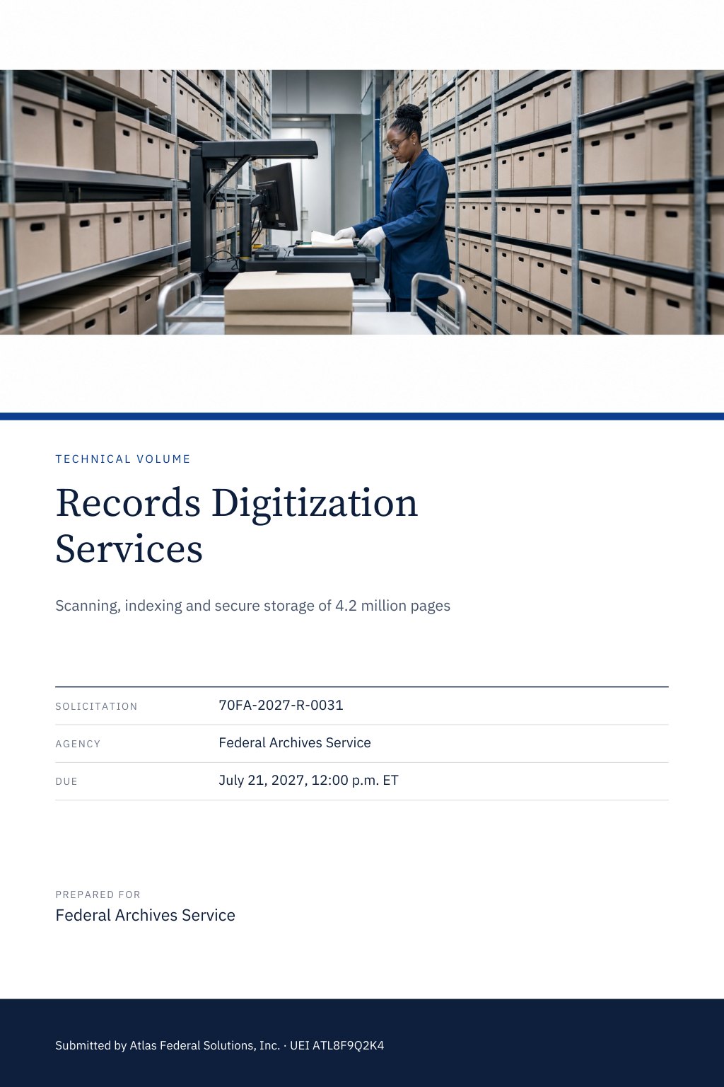 Federal Government Agencies proposal cover: a secure records facility with rows of archive boxes on tall shelves and a technician operating a document scanner, with the title Records Digitization Services.