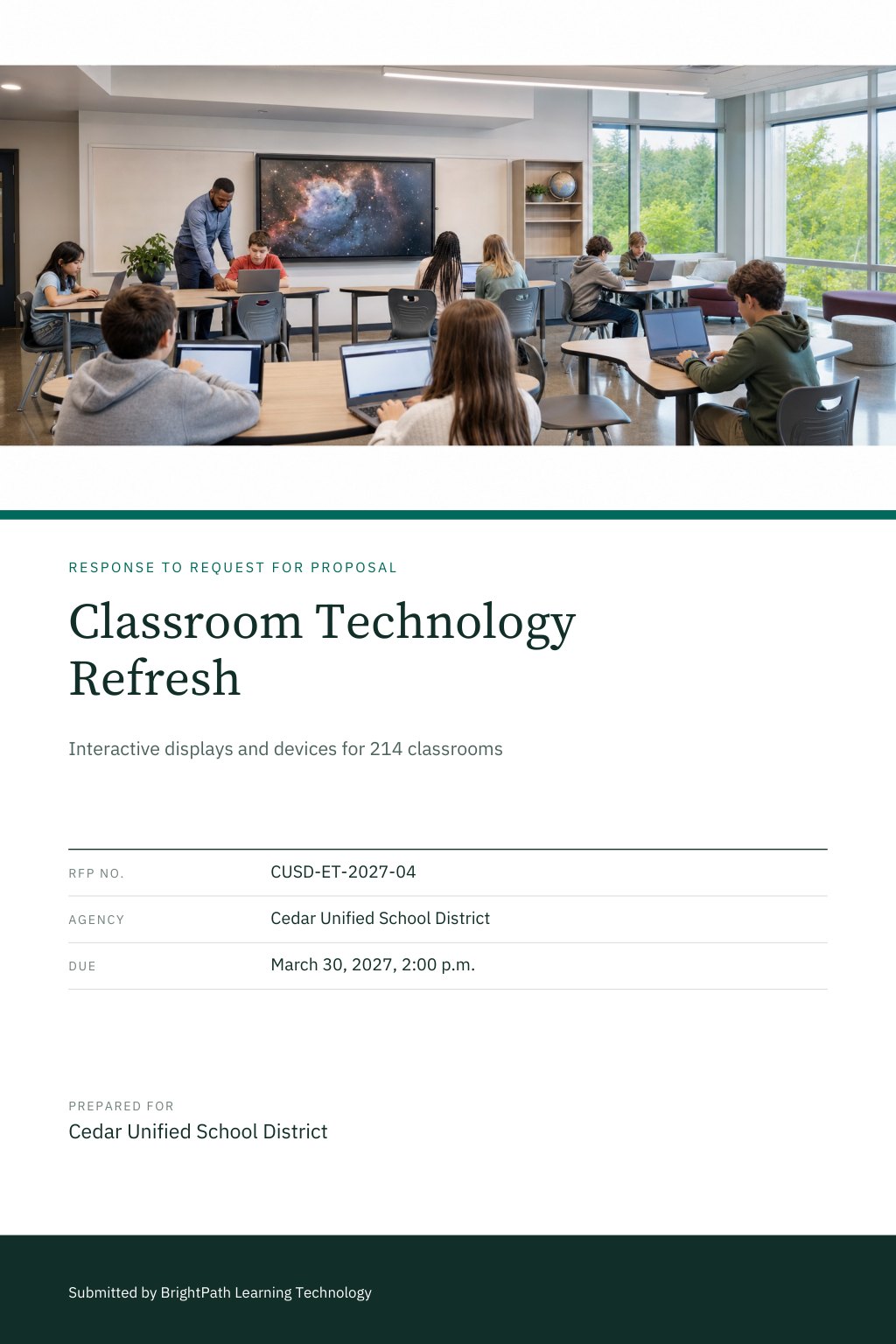 Public Schools & School Districts proposal cover: a bright modern classroom with an interactive display at the front and students working on laptops at group tables, with the title Classroom Technology Refresh.